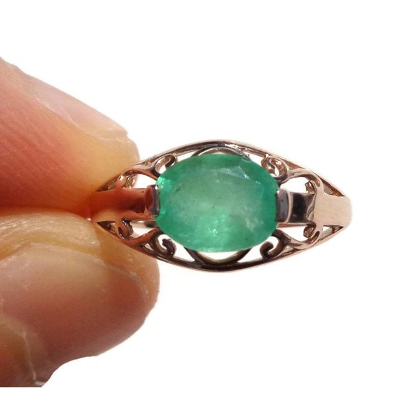 14K Rose Gold Emerald Ring, Natural Green Emerald Gemstone Ring Size 7.5 1.15ct - Picture 7 of 9
